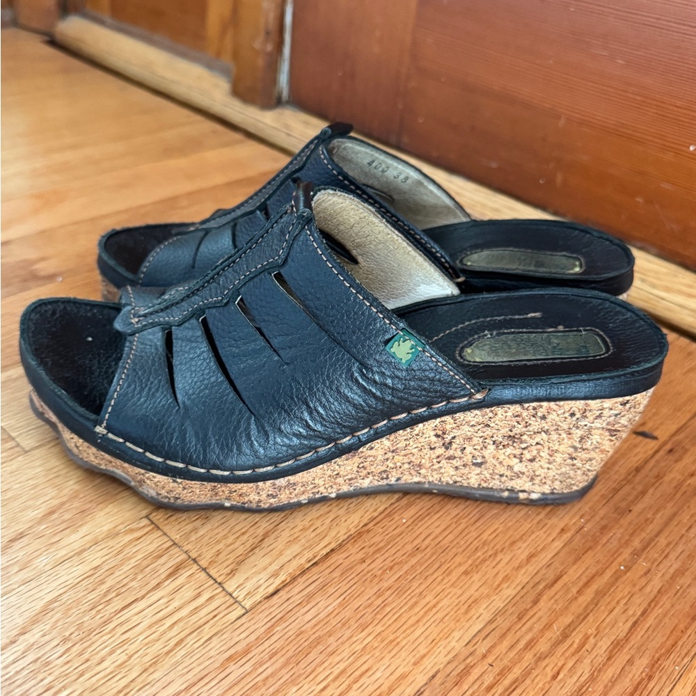 El Naturalista Black Leather Mules with Cork Sole